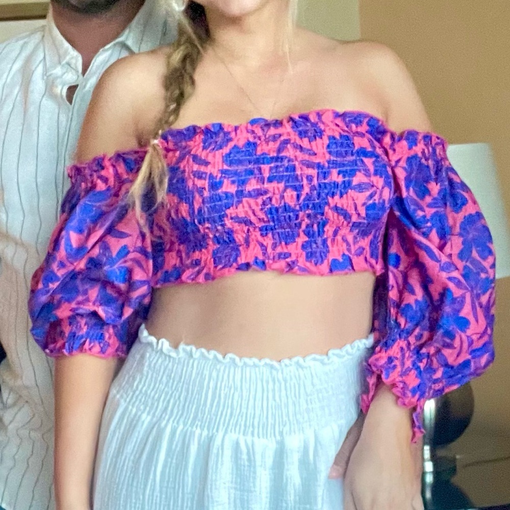 Pink and Blue Floral Off-Shoulder Summer Top